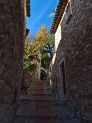 Fototapeta premium Stunning view of narrow alley in historic center of small village Eze at the French Riviera with traditional stone buildings in mediterranean style.