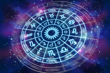 Zodiac circle with planets signs on the background of the dark cosmos. Astrology. The science of stars and planets. Secret Esoteric Science