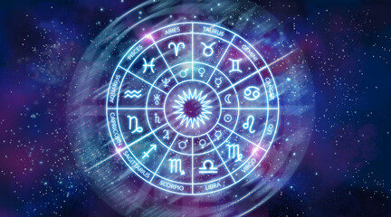 astrology banner. Zodiac circle banner on the background of a space. The science of stars and planets. Esoteric knowledge. Twelve signs of the zodiac.