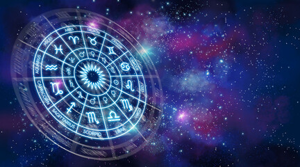 Zodiac circle banner on the background of space. Astrology. The science of stars and planets. Esoteric knowledge. Ruler planets. Twelve signs of the zodiac. Copy space - obrazy, fototapety, plakaty