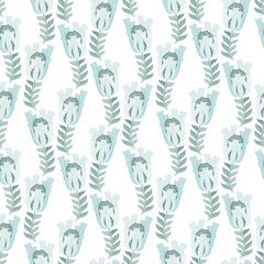 Fototapeta premium Floral ornament with green leaves, blue flowers on a white background. Seamless pattern for postcard, packaging, wrapping, scrapbooking, wallpaper, design, decoration. Vector illustration.