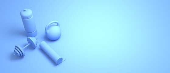 Gym training and home exercising and fitness equipment. Dumbbells, bob, yoga mat and bottle. Tools for healthy lifestyle and wellbeing. Top view. 3D render