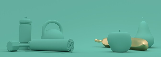 Gym training and home exercising and fitness equipment. Dumbbells, bob, yoga mat and bottle. Tools for healthy lifestyle and fruits collection. Apple, banana and pear. 3D render