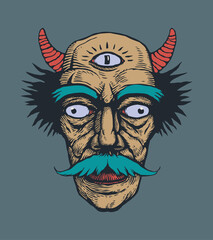 Small sad demon. Man with mustache, third eye and horns. Funny character. Vector illustration