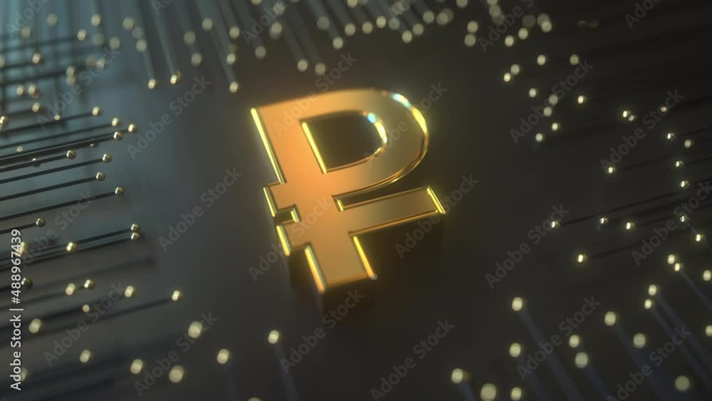 Poster golden ruble symbol on premium black technologic background. conceptual loopable 3d animation