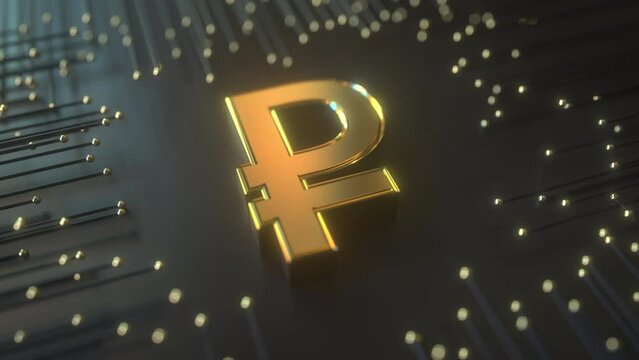 Golden ruble symbol on premium black technologic background. Conceptual loopable 3D animation