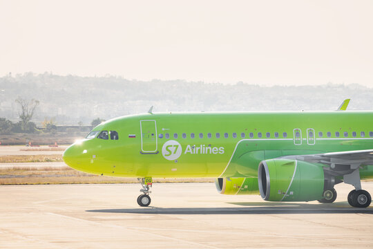 27 October 2021, Thessaloniki, Greece: A regular S7 airline plane at taxiway of Thessaloniki Airport. Air Transport infrastructure concept