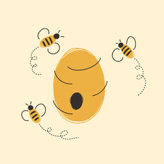Bees with beehive. Hand drawn illustration. Cute honey doodle beekeeping farm. Isolated Vector illustration. Cartoon design for children. 