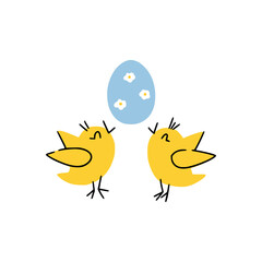 Two cute easter little chickens are keeping colored egg in their beaks. Good for greeting cards, banners, invitations, flyers.