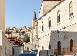 View of the Christ Anglican Church from 6166 street near the Church Of Annunciation in Nazareth, northern Israel