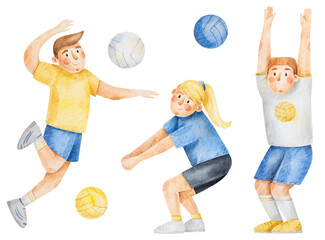 Illustrations of volleyball players. Watercolor hand-drawn girl and boys play with balls
