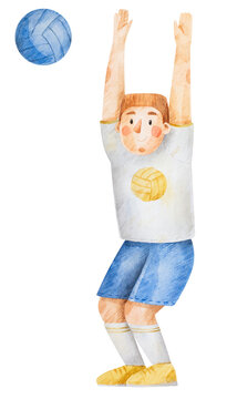Boy plays volleyball. Watercolor illustration of man with volleyball ball. Hand-drawn picture of volleyball pose
