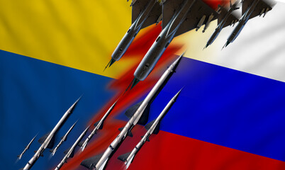 Weapons between Ukraine and Russian national flags. regional conflict concept