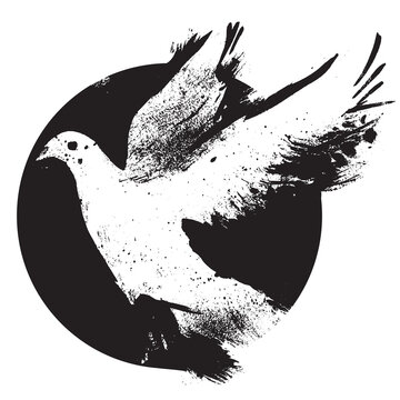 recommend clip art: White dove symbol of peace on a dark circle background. Graphic drawing. Bird pigeon
