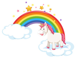 Pink unicorn standing on a cloud with rainbow
