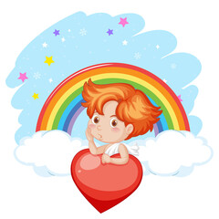 Angel boy holding a red heart on rainbow background