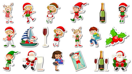 Set of Christmas objects and cartoon characters