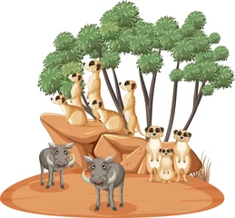 Isolated savanna forest with meerkat and boars © blueringmedia