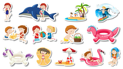 Set of summer beach items and children