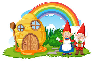 Fantasy bee hive house with rainbow in the sky
