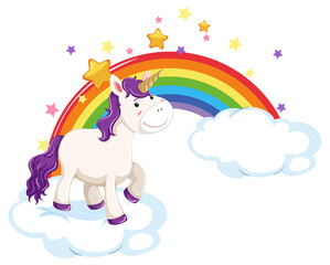 Purple unicorn standing on a cloud with rainbow