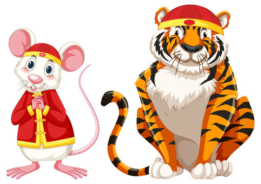 White rat and tiger wearing chinese hat