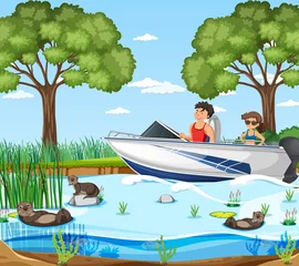 River forest scene with traveller on a speed boat © blueringmedia