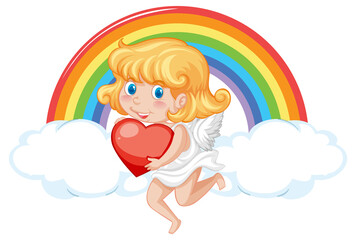 Angel girl holding red heart on rainbow background