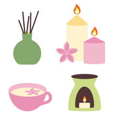 Set of elements for spa and relaxation. Oil burner, cup with herbal tea, essential oil diffuser and aroma candles. Accessories for relax, meditation and personal care. Beauty and massage salon. 