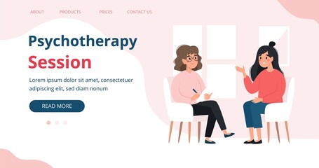 Psychotherapy session - woman talking to psychologist. Mental health banner or landing page template, vector illustration in flat style