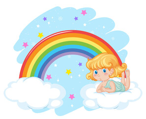 Angel girl on cloud with rainbow
