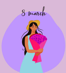 Cute happy girl holding spring meadow flowers bouquet. Pretty cartoon young woman with long hair smiling. International Womens Day, springtime. Vector flat illustration