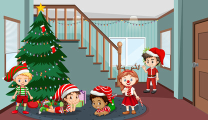 Children celebrating Christmas at home