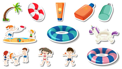 Set of summer beach items and children