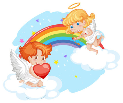 Angel boy and girl with rainbow in the sky