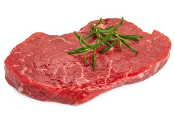 beef meat slice decorated rosemary isolated on white background