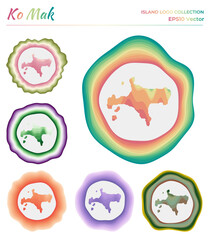 Ko Mak logo collection. Colorful badge of the island. Layers around Ko Mak border shape. Vector illustration.