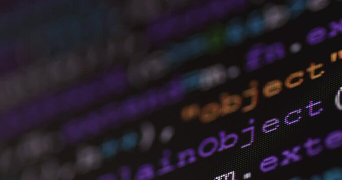 4K Close up shot programming tag code on PC Monitor. Background concept for programming and coding web development.