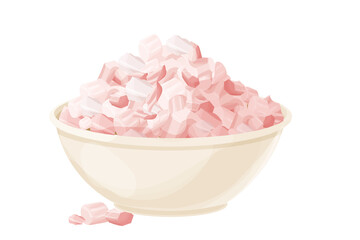 Himalayan pink salt pile, grain mineral spice in bowl in cartoon style isolated on white background. Organic, natural ingredient.