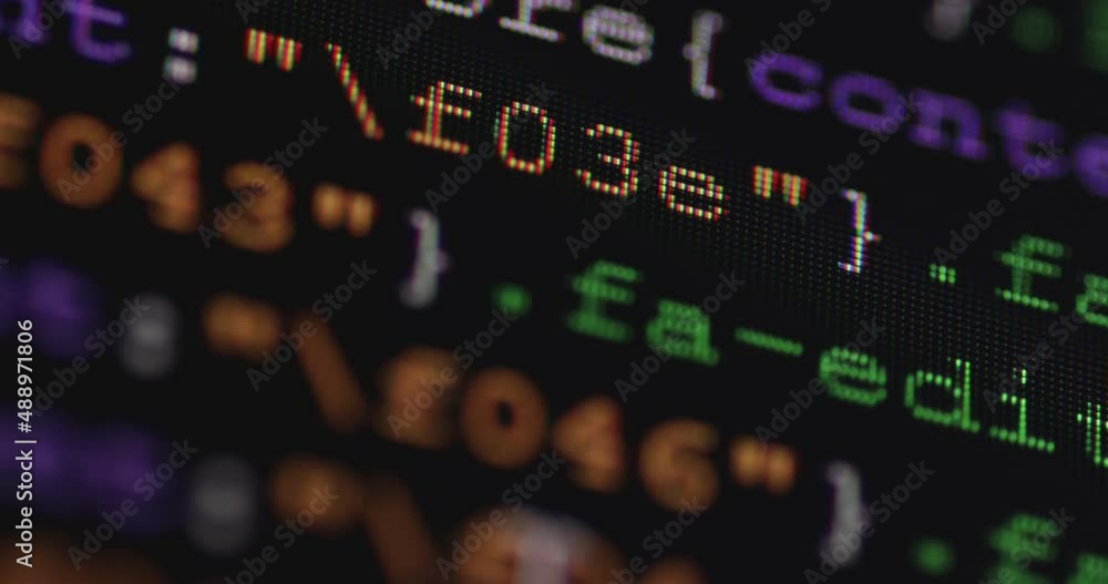 Fototapete 4K Close up shot programming tag code on PC Monitor scroll down. Background concept for programming and coding web development.
