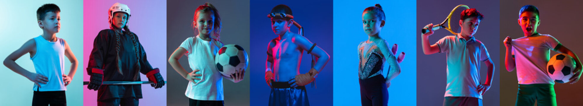 Collage. Portraits of little children, boys and girls, doing sports, training isolated over multicolored background in neon