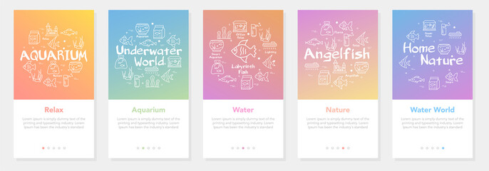 Set of colorful vertical banners for water life with white linear illustrations