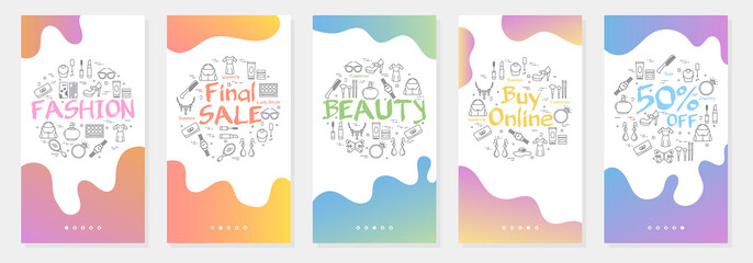 Fototapeta na wymiar Colletion of womens fashion vertical flyers with colorful gradient and linear black illustration. Banner design for mobile app with liquid shapes