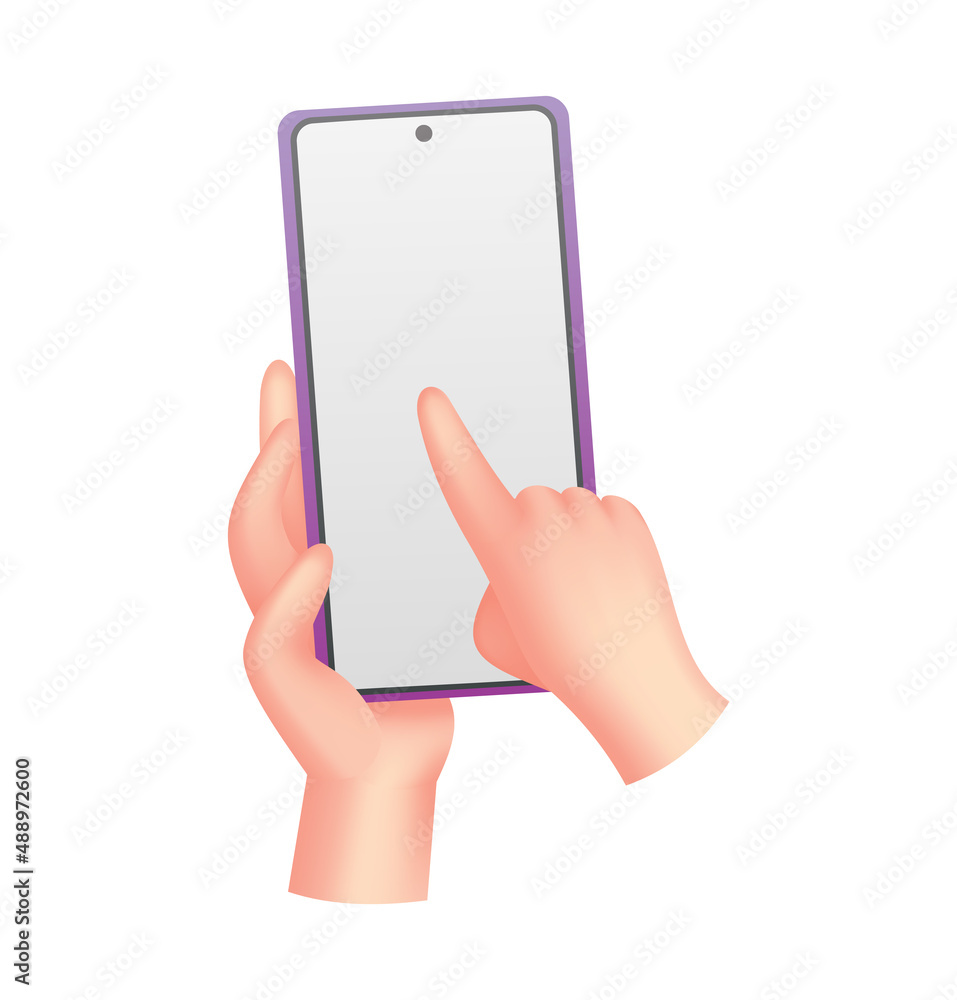 Poster cartoon hands with phone. human holding phone with empty screen. mock up of social network communica