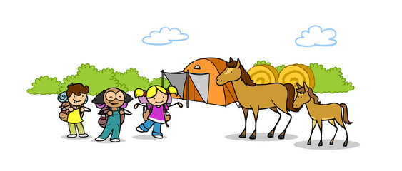 Obraz na płótnie Canvas Kinder bei Reiterferien neben Pferd und Zelt im Sommer