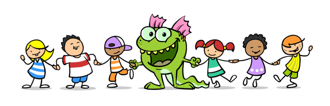 Gruppe Kinder hält Hände mit Monster oder Alien
