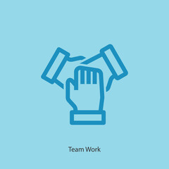 Three hands together line art vector icon. Teamwork isolated outline sign
