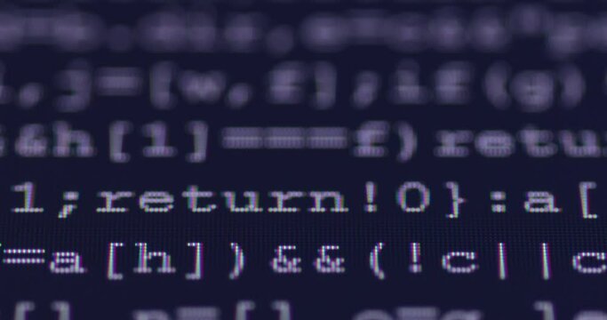 4K Close up shot programming tag code on PC Monitor scroll down. Background concept for programming and coding web development.