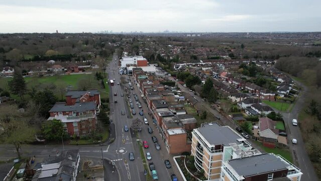Chigwell Essex UK drone aerial view High street and residential roads