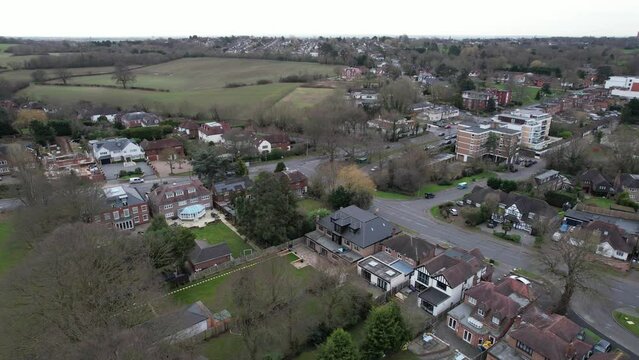 Chigwell Essex UK drone aerial view High street and residential roads in winter